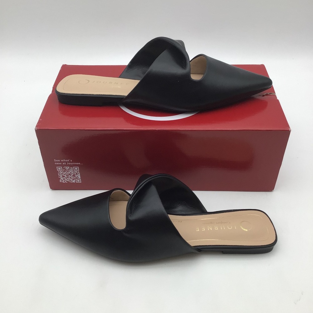 Journee Enniss Black Leather Pointed Toe Twisted‎ Mule Flats Size 8 M NEW